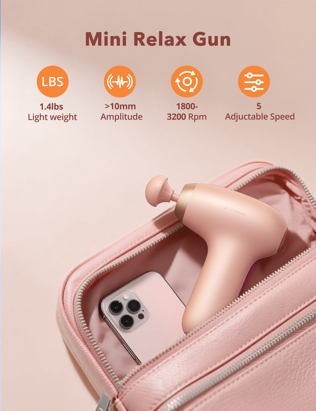 Massage Gun, Deep Tissue Percussion Muscle Massager Handheld Cordless Back Massager with 5 Speeds and 4 Heads(Pink)wm