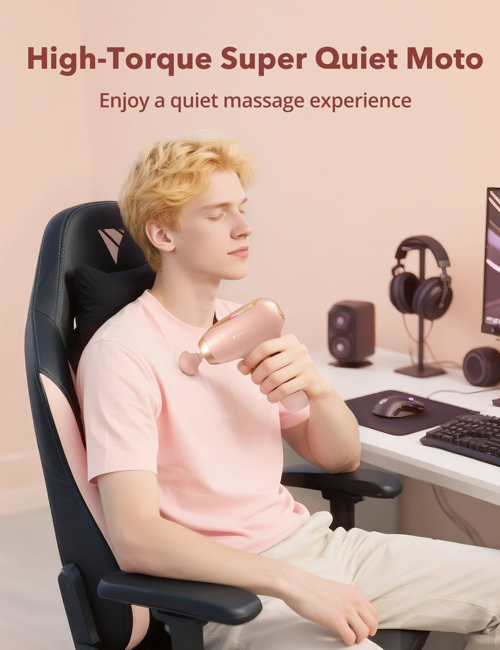Massage Gun, Deep Tissue Percussion Muscle Massager Handheld Cordless Back Massager with 5 Speeds and 4 Heads(Pink)wm