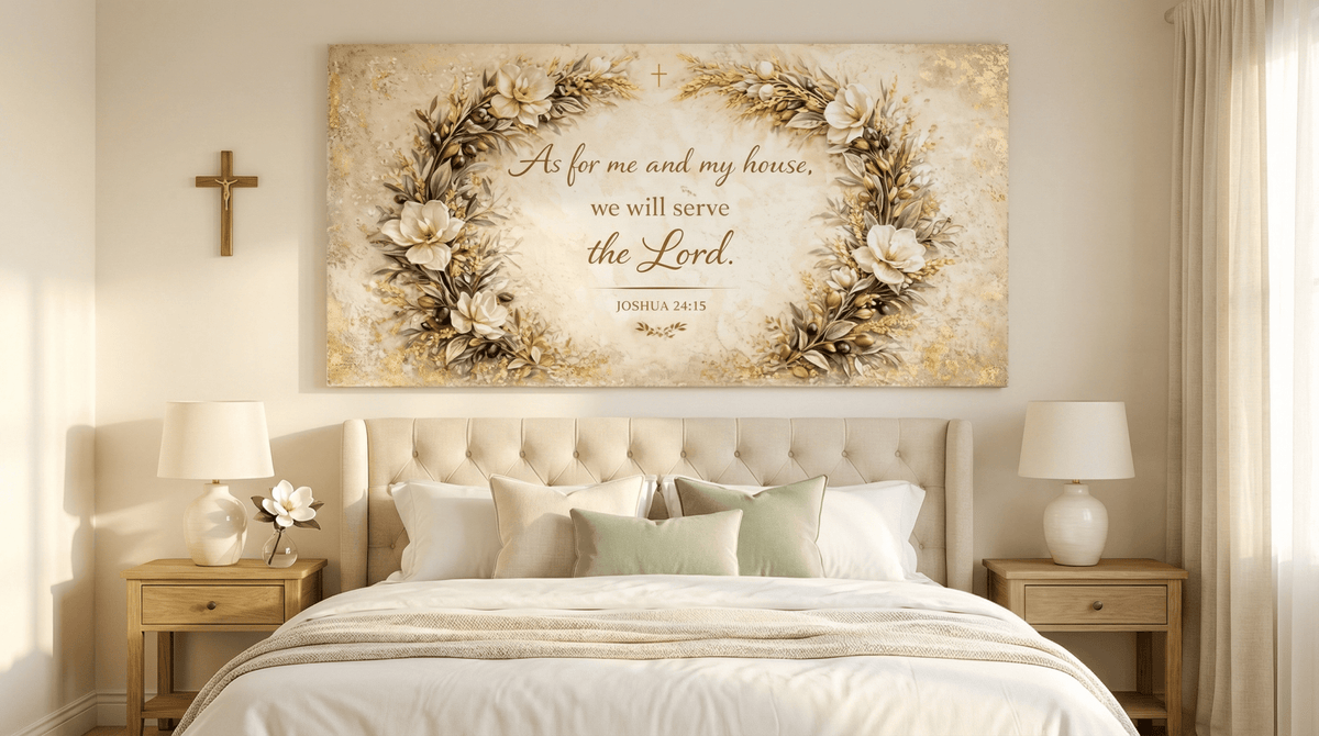 As For Me And My House Wall Art - 3D White Magnolia Scripture Canvas with Gold Leaf