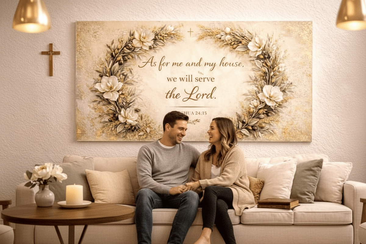 As For Me And My House Wall Art - 3D White Magnolia Scripture Canvas with Gold Leaf