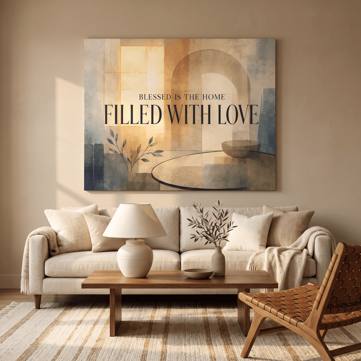 Blessed Is The Home Filled With Love Wall Art – Modern Abstract Canvas in Warm Neutral Cream & Gold