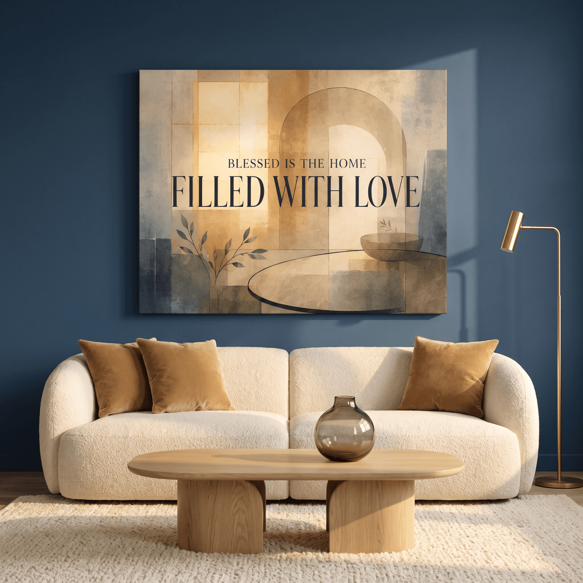 Blessed Is The Home Filled With Love Wall Art – Modern Abstract Canvas in Warm Neutral Cream & Gold