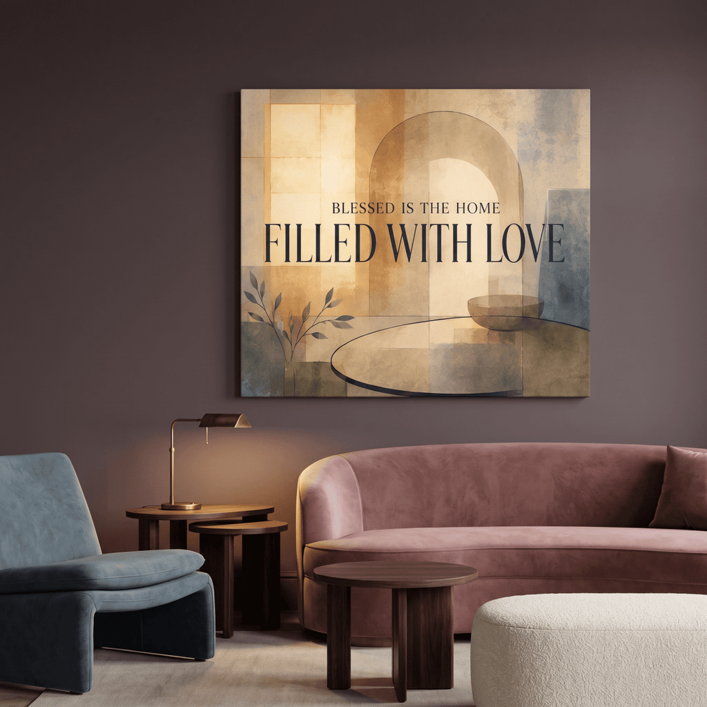 Blessed Is The Home Filled With Love Wall Art – Modern Abstract Canvas in Warm Neutral Cream & Gold