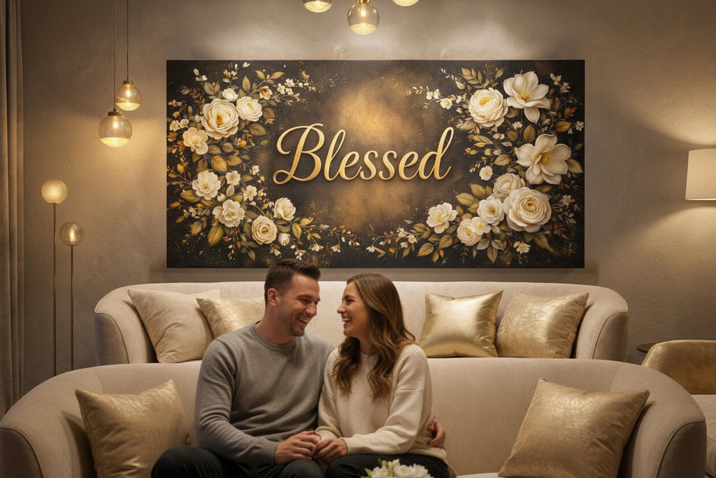 Blessed Midnight Floral Wall Art - Gold & Ivory Rose Canvas with Dramatic Black Backdrop