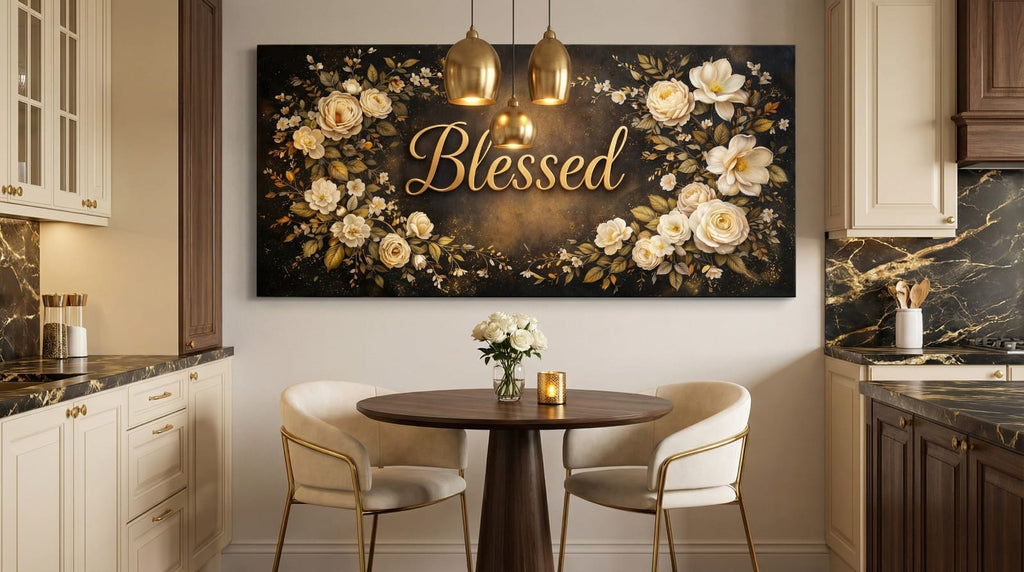 Blessed Midnight Floral Wall Art - Gold & Ivory Rose Canvas with Dramatic Black Backdrop