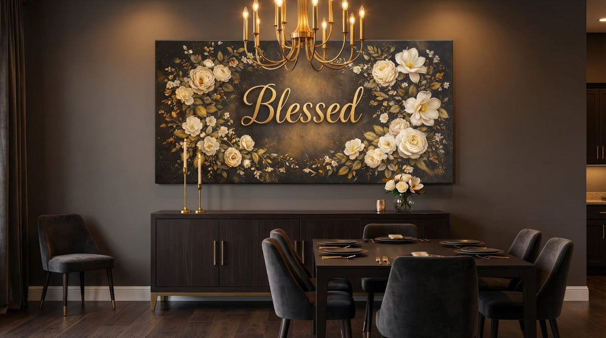 Blessed Midnight Floral Wall Art - Gold & Ivory Rose Canvas with Dramatic Black Backdrop