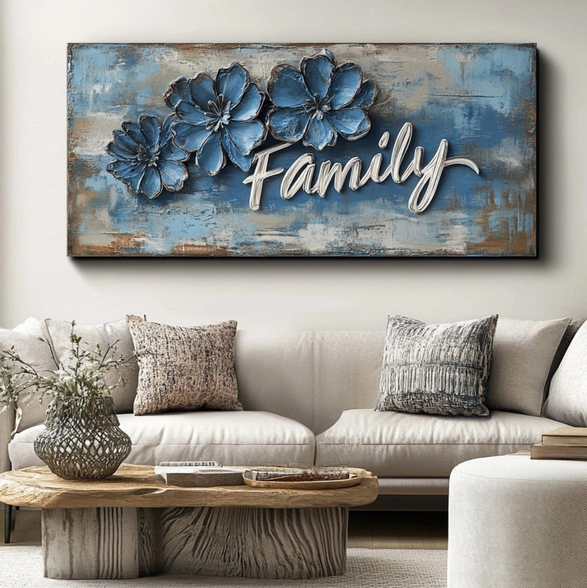 Blue Blossom Family Wall Art – Rustic Farmhouse Canvas Sign