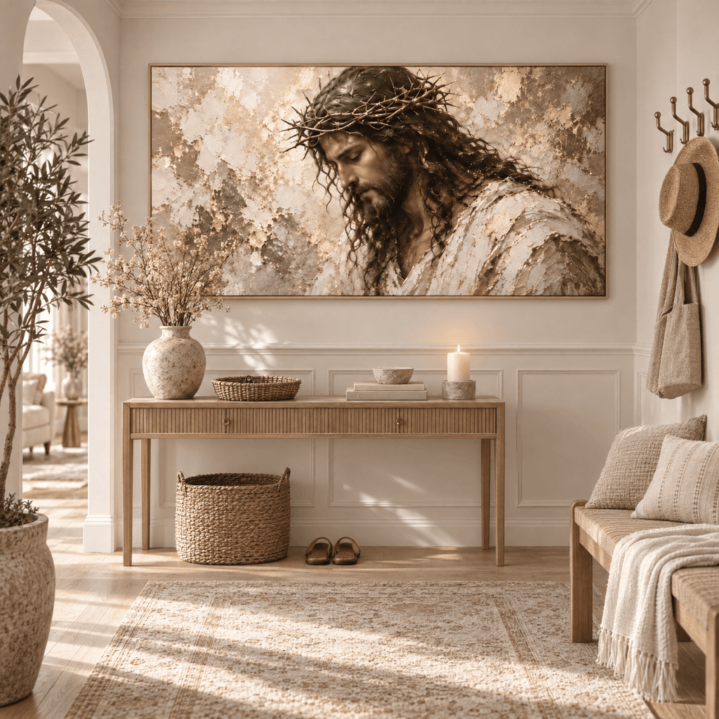 Crown of Thorns – Jesus Christ Christian Wall Art | Oversized Panoramic Canvas in Cream and Gold
