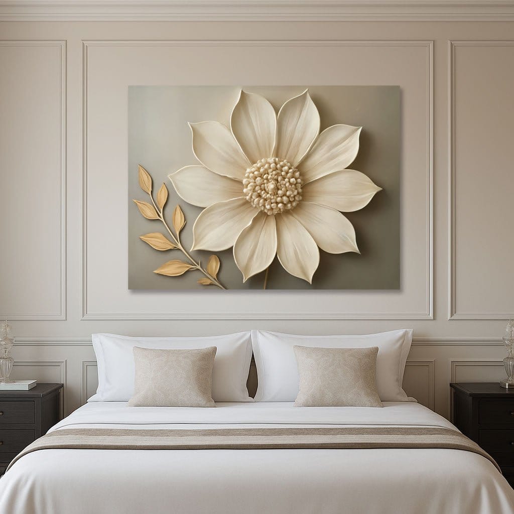 Elegant Beige Floral Wall Art Botanical Canvas Print with Golden Leaves