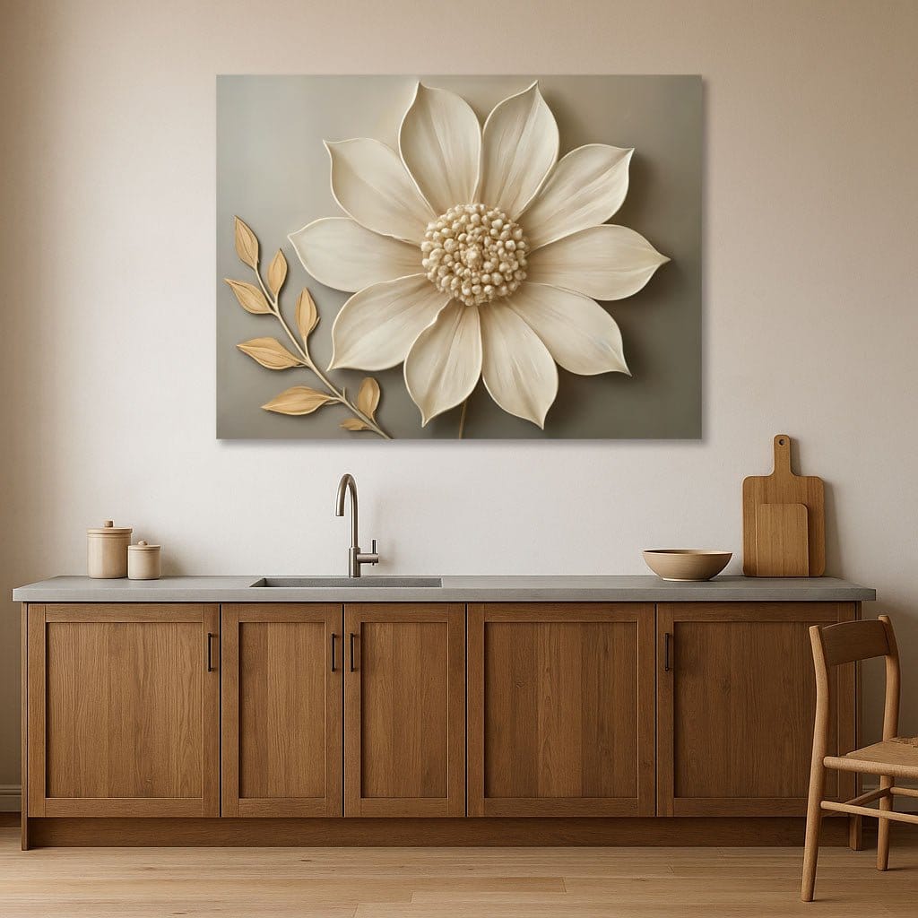 Elegant Beige Floral Wall Art Botanical Canvas Print with Golden Leaves