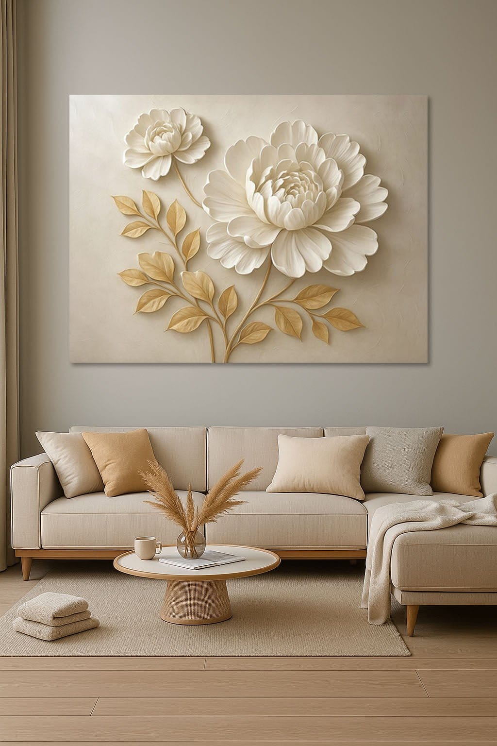 Elegant Beige Floral Wall Art Large Botanical Canvas Print with Golden Leaves