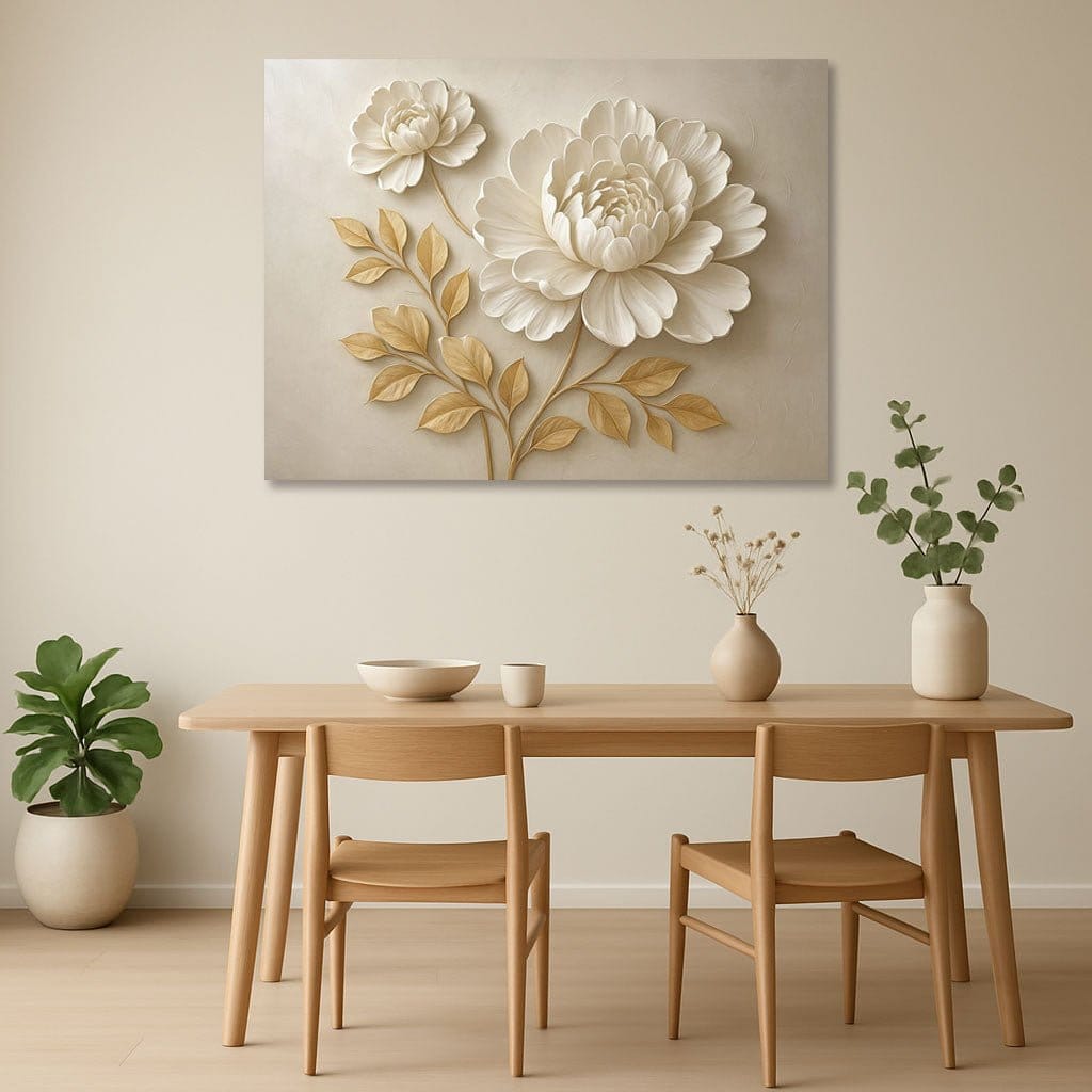 Elegant Beige Floral Wall Art Large Botanical Canvas Print with Golden Leaves