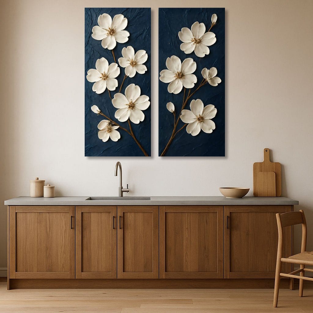 Elegant White Floral Wall Art on Navy Blue | Modern Botanical Canvas Print (2 Panel Set)