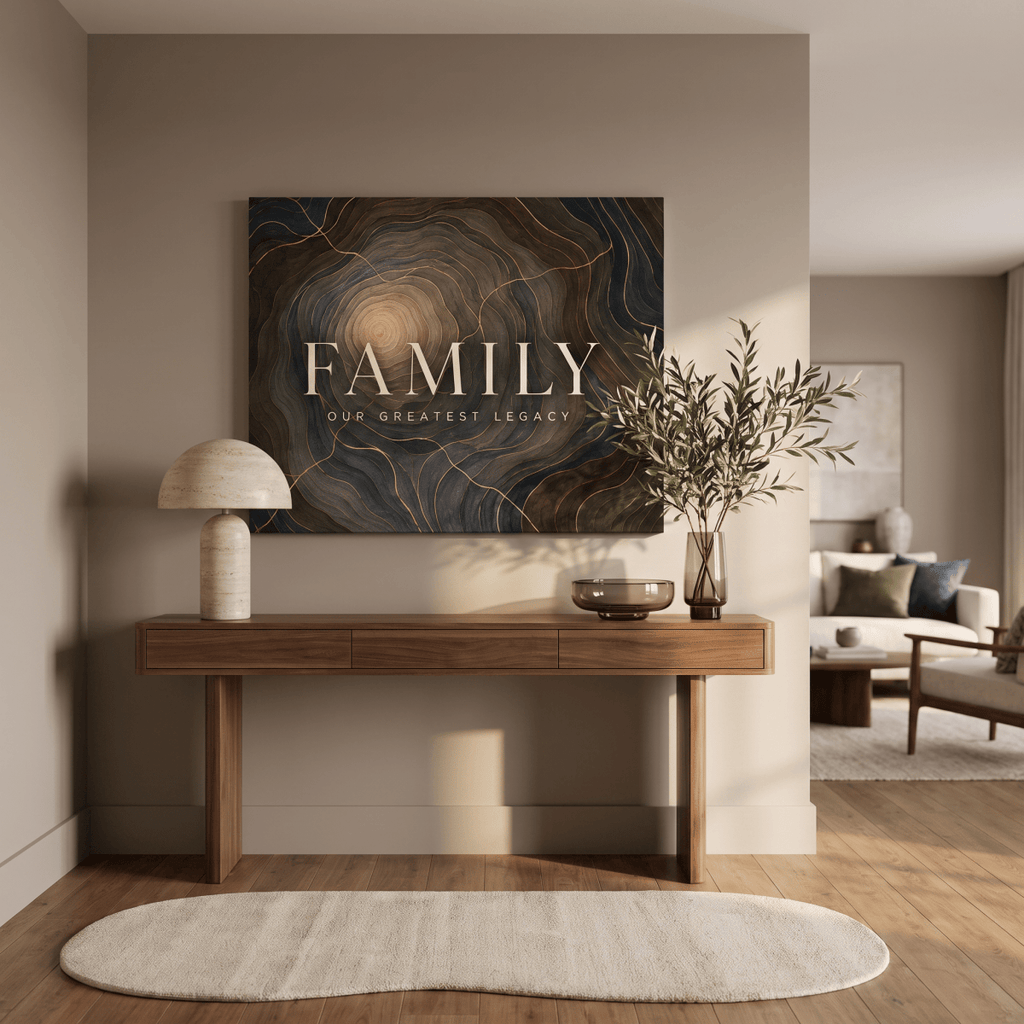 Family Our Greatest Legacy Wall Art – Modern Abstract Tree Ring Canvas in Gold, Navy & Charcoal