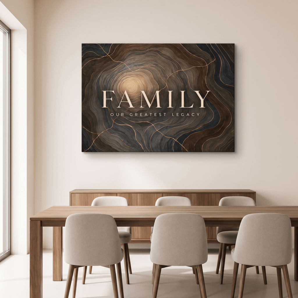Family Our Greatest Legacy Wall Art – Modern Abstract Tree Ring Canvas in Gold, Navy & Charcoal