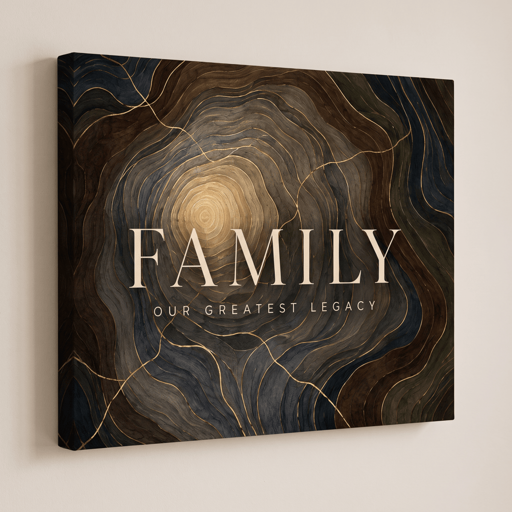 Family Our Greatest Legacy Wall Art – Modern Abstract Tree Ring Canvas in Gold, Navy & Charcoal