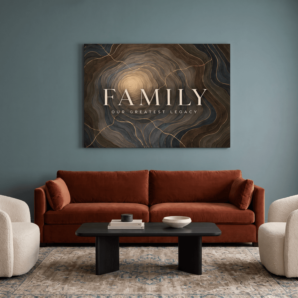Family Our Greatest Legacy Wall Art – Modern Abstract Tree Ring Canvas in Gold, Navy & Charcoal