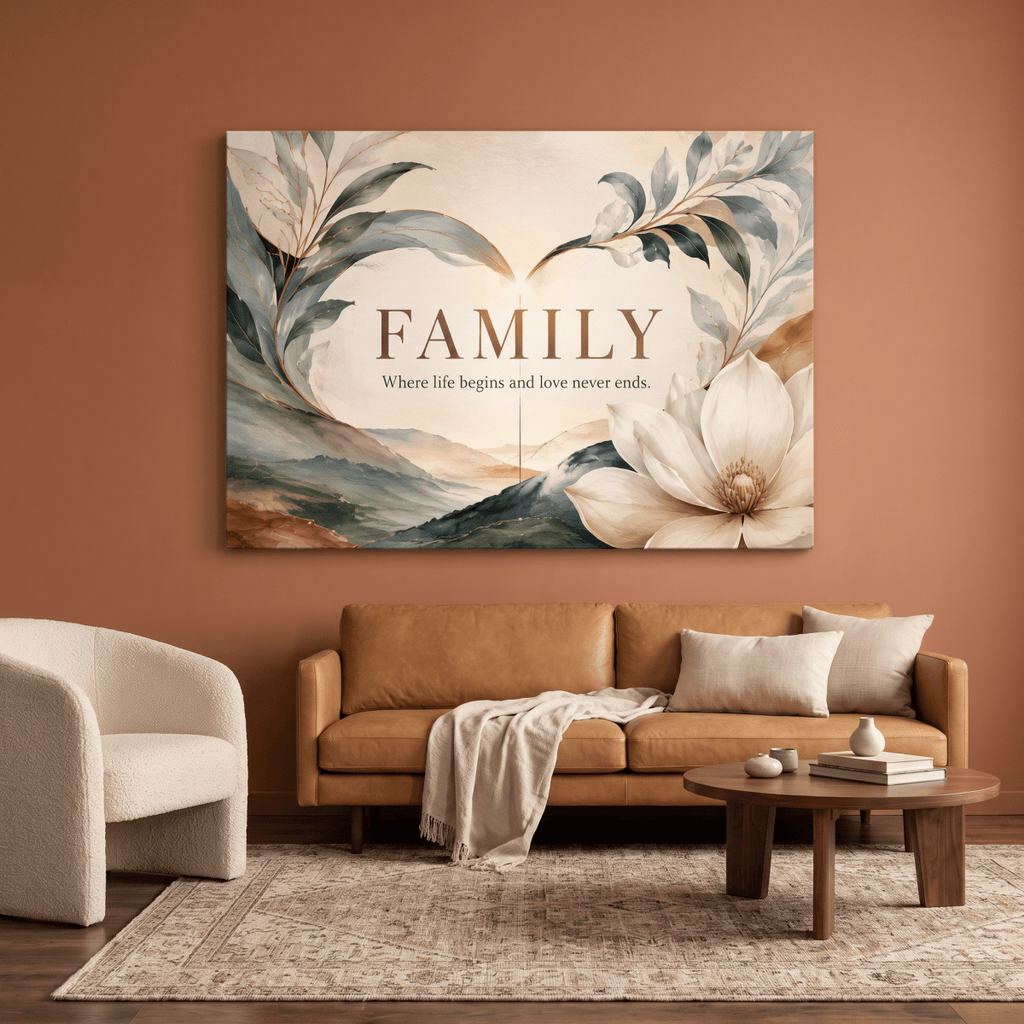 Family Wall Art – Where Life Begins and Love Never Ends | Watercolour Magnolia & Sunrise Canvas in Sage, Blue & Cream