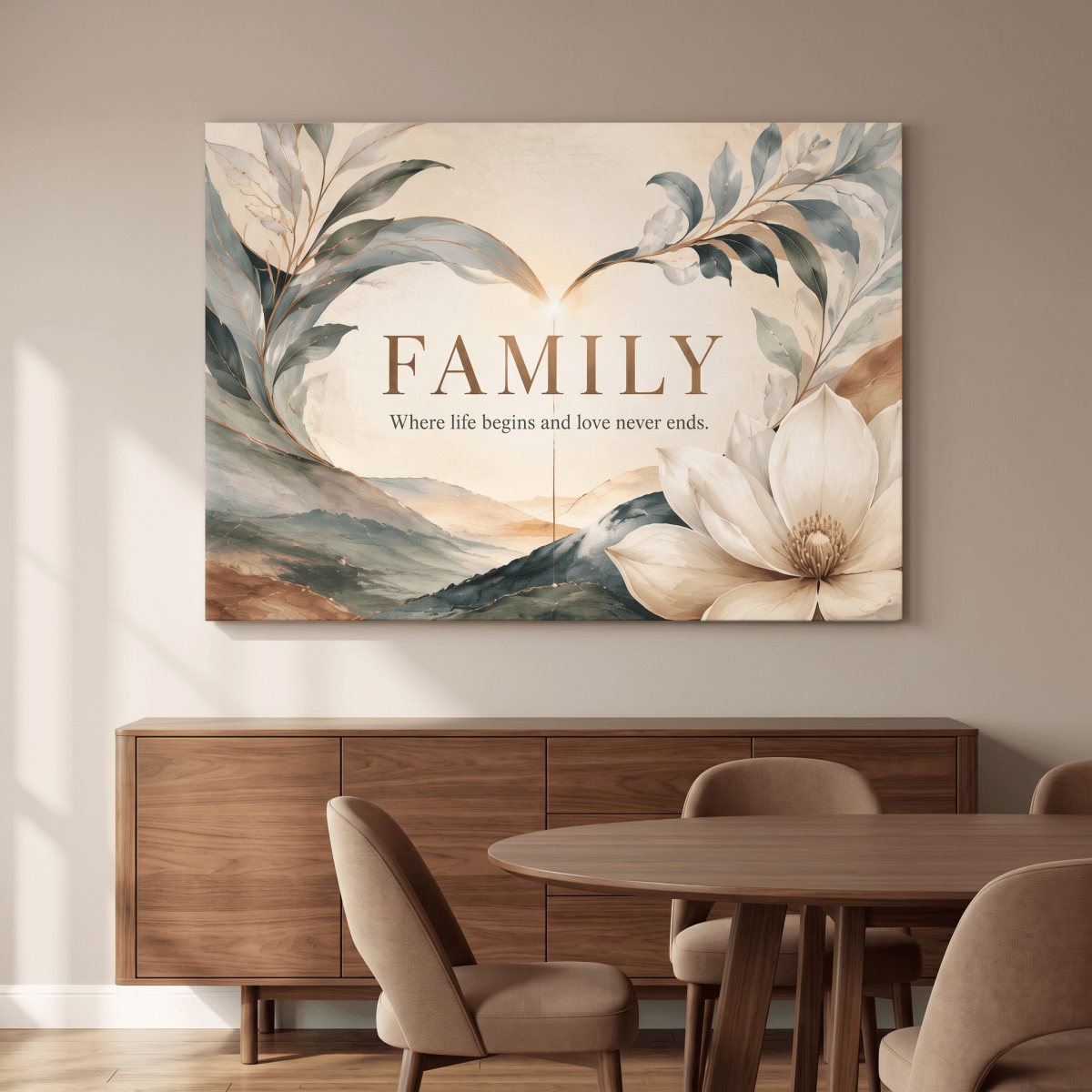 Family Wall Art – Where Life Begins and Love Never Ends | Watercolour Magnolia & Sunrise Canvas in Sage, Blue & Cream