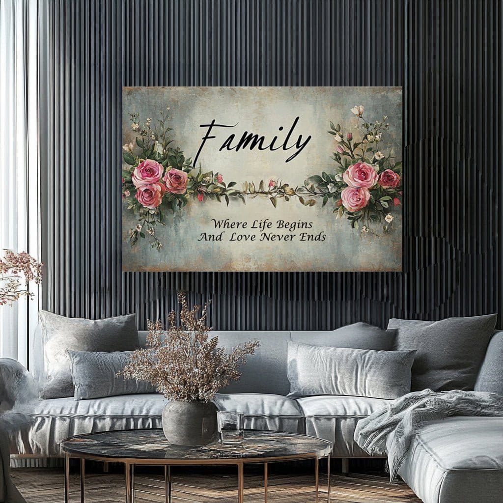 Family Where Life Begins & Love Never Ends V17 - Romantic Floral Wall Art Canvas