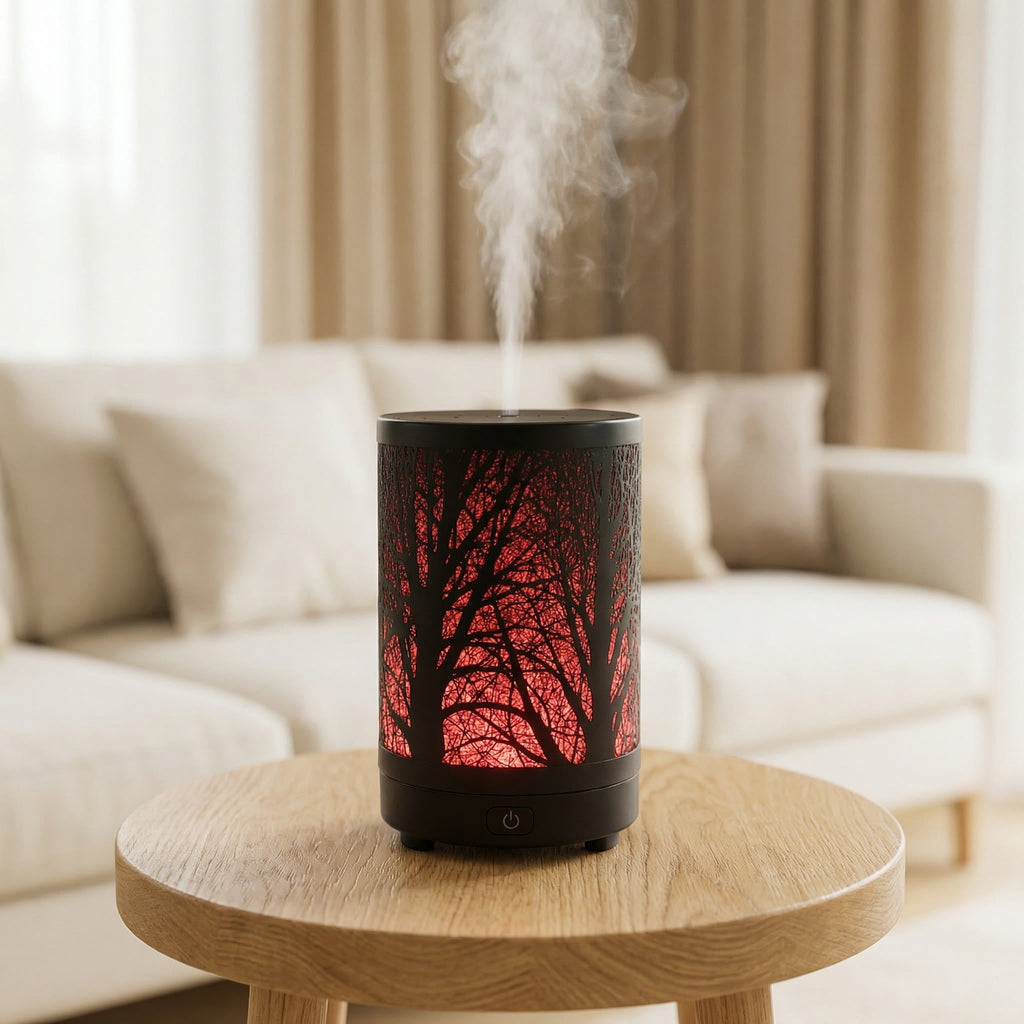 Forest Metal Ultrasonic Humidifying Essential Oil Diffuser – 100ml, Woodland Shadow Patterns, 7 LED Colors