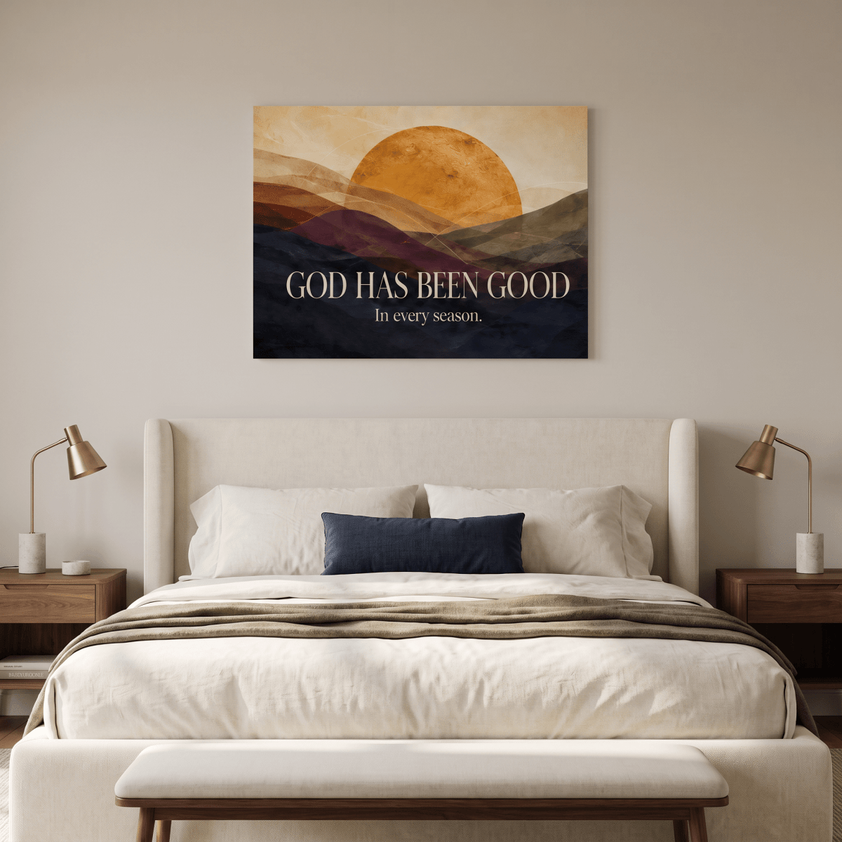 God Has Been Good In Every Season Wall Art – Golden Sunrise Mountain Christian Canvas, Modern Abstract Landscape for Living Room