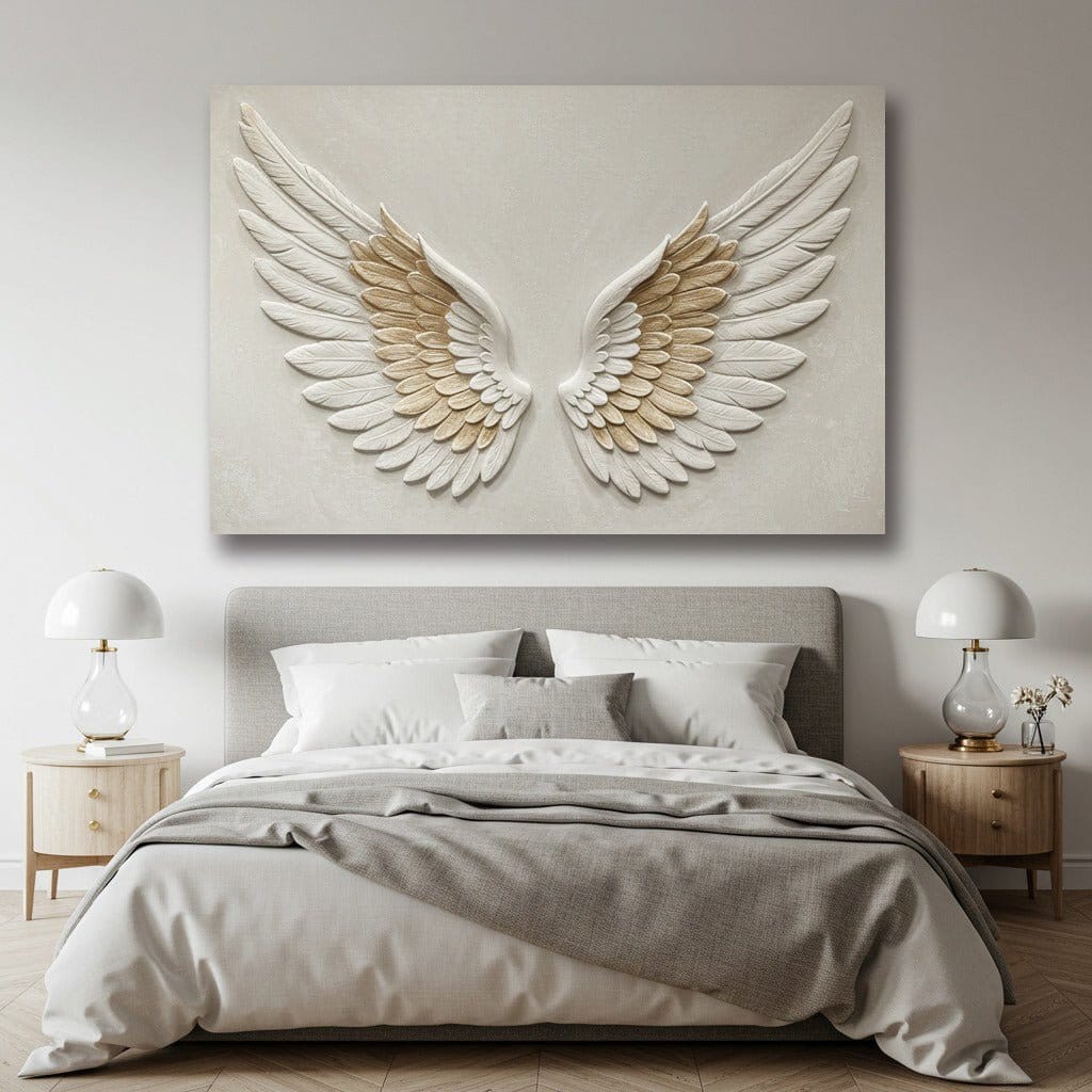 Golden Grace Angel Wings Wall Art – Neutral & Gold Canvas for Serene Spaces