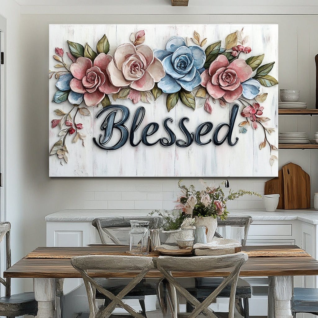 Grace in Bloom – Rustic Rose & Blue Floral “Blessed” Wall Art Canvas