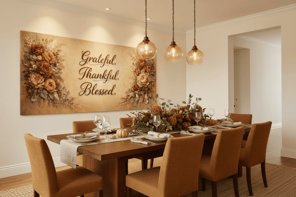 Grateful Thankful Blessed Wall Art - Warm Autumn Floral Canvas with Rust and Ochre Peonies