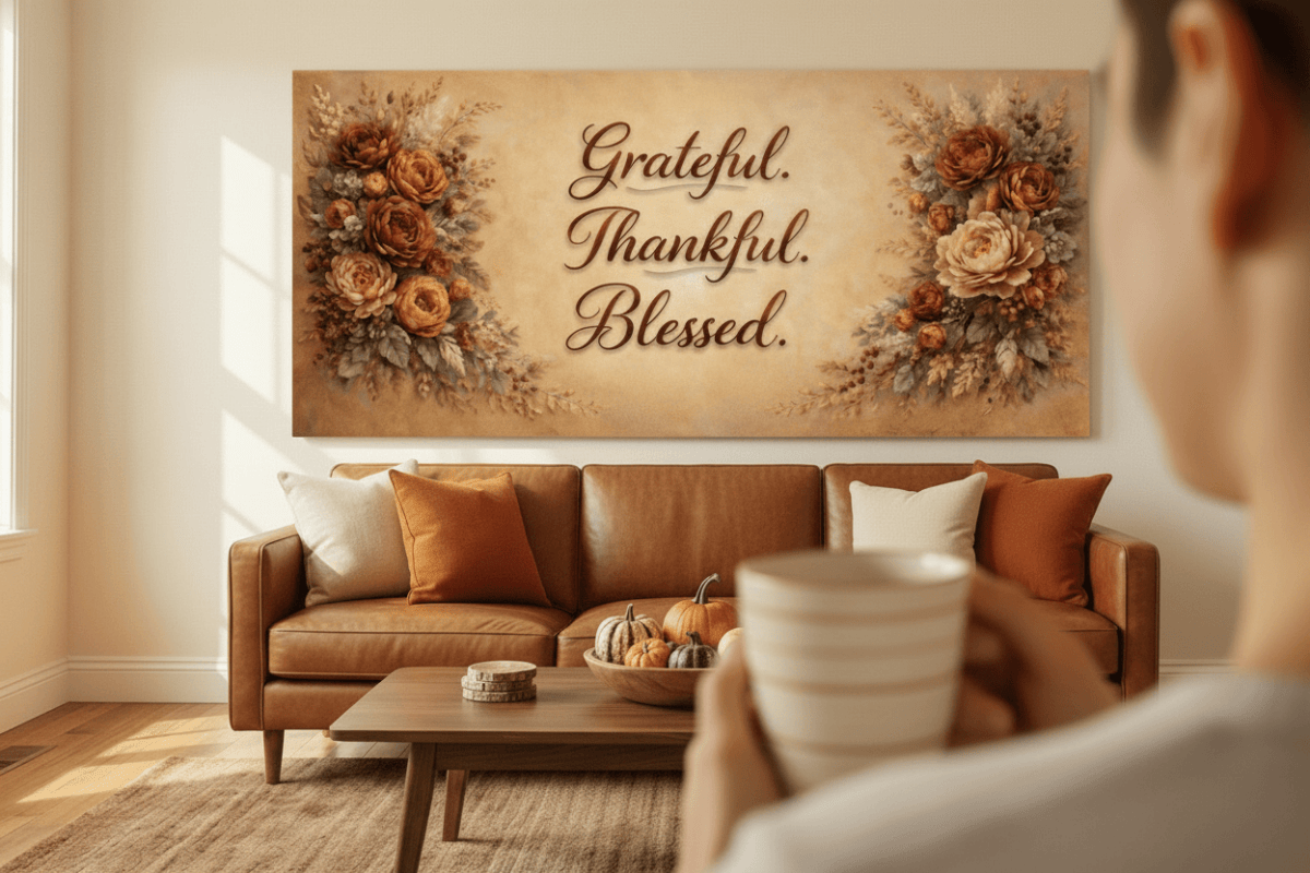 Grateful Thankful Blessed Wall Art - Warm Autumn Floral Canvas with Rust and Ochre Peonies
