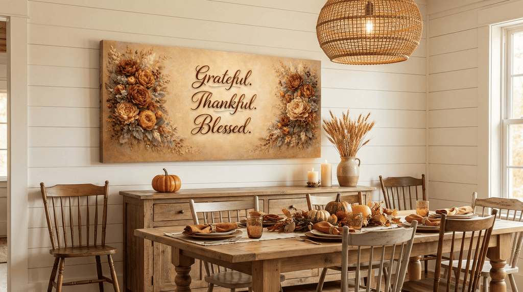 Grateful Thankful Blessed Wall Art - Warm Autumn Floral Canvas with Rust and Ochre Peonies