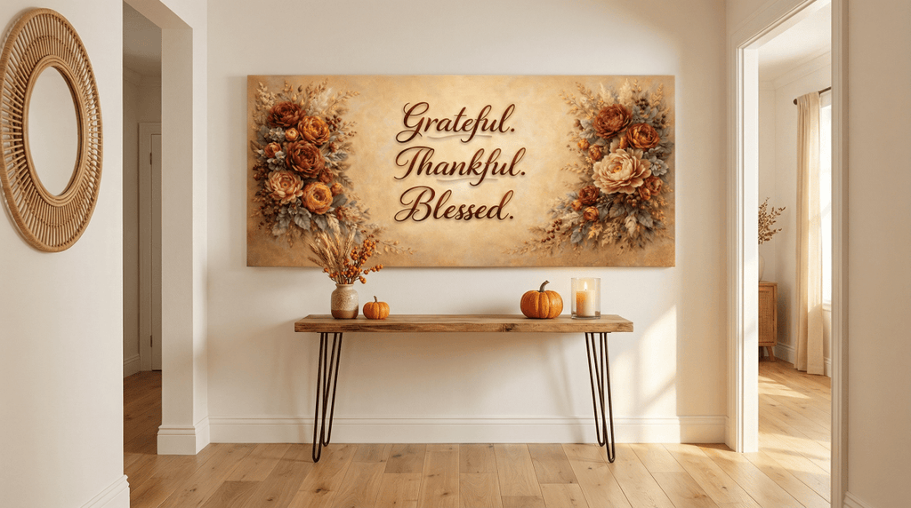 Grateful Thankful Blessed Wall Art - Warm Autumn Floral Canvas with Rust and Ochre Peonies