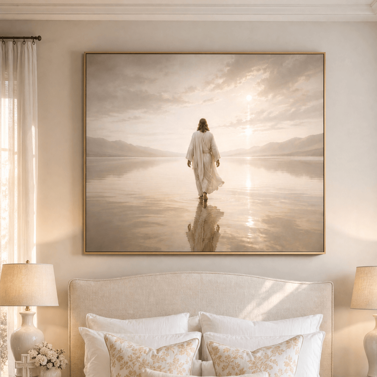 “He Walks With Me” Christian Wall Art – Jesus Walking on Water Canvas