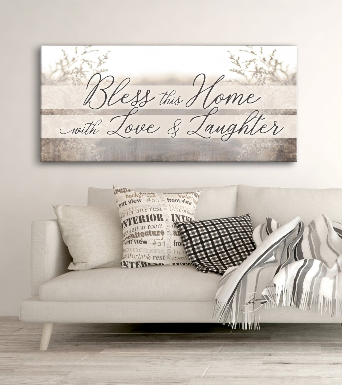 Home Wall Art: Bless This Home With Love And Laughter V4 (Wood Frame Ready To Hang)