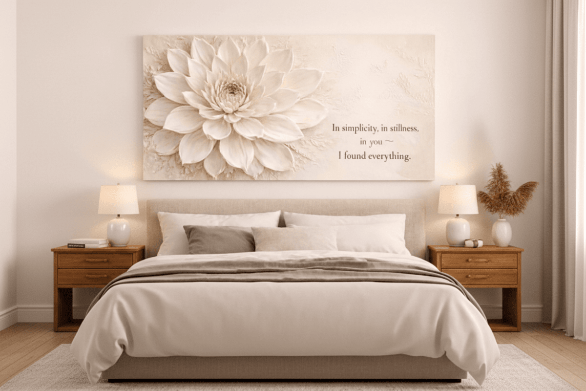 In Simplicity and Stillness Wall Art -  Cream Dahlia Canvas Print with Champagne Gold Accents