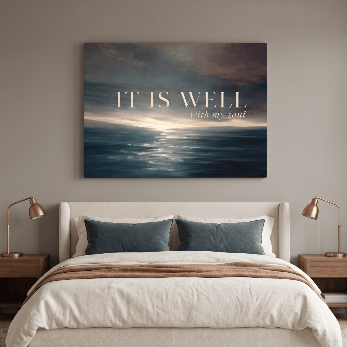It Is Well With My Soul Wall Art – Christian Hymn Canvas, Moody Ocean Sunset Seascape in Deep Teal