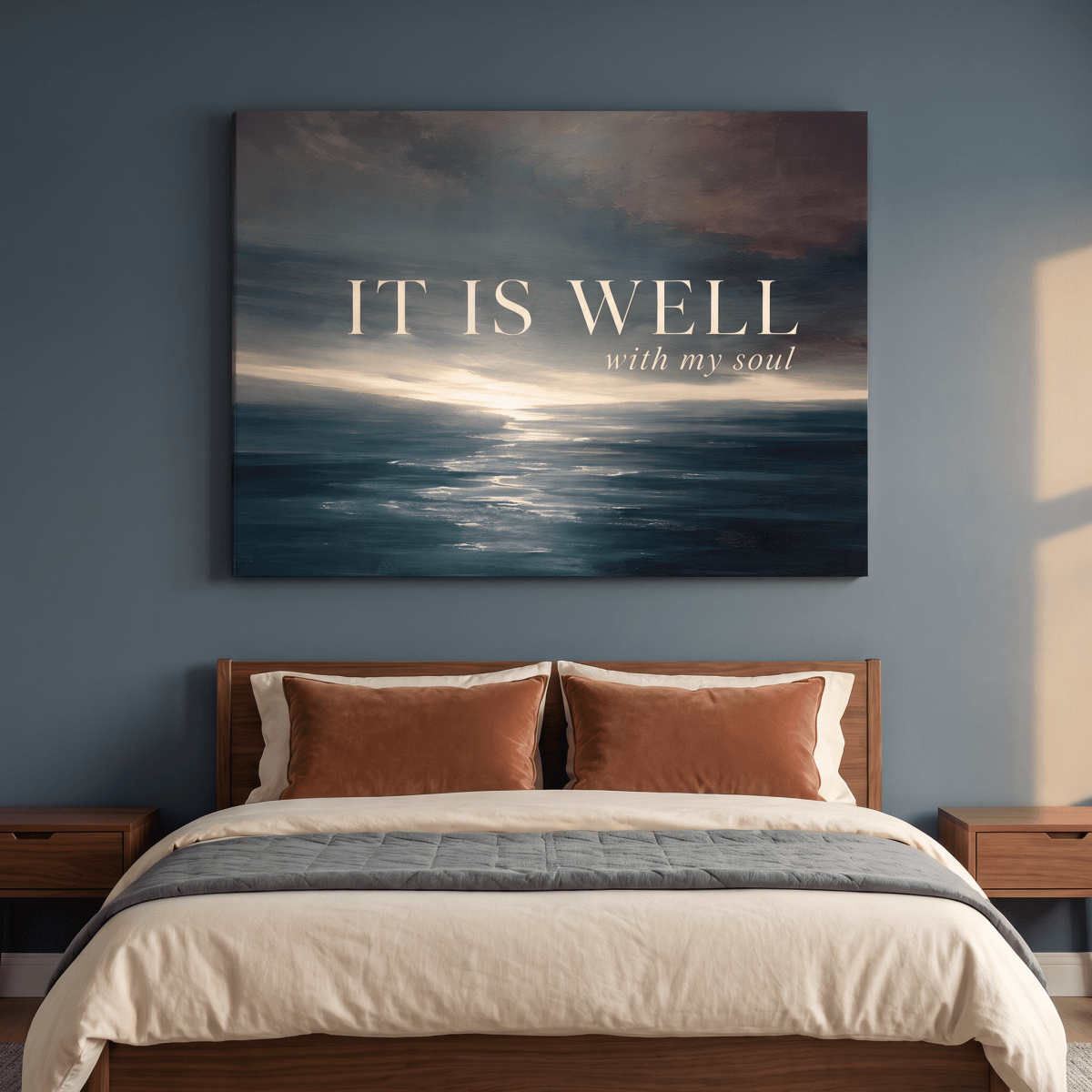 It Is Well With My Soul Wall Art – Christian Hymn Canvas, Moody Ocean Sunset Seascape in Deep Teal
