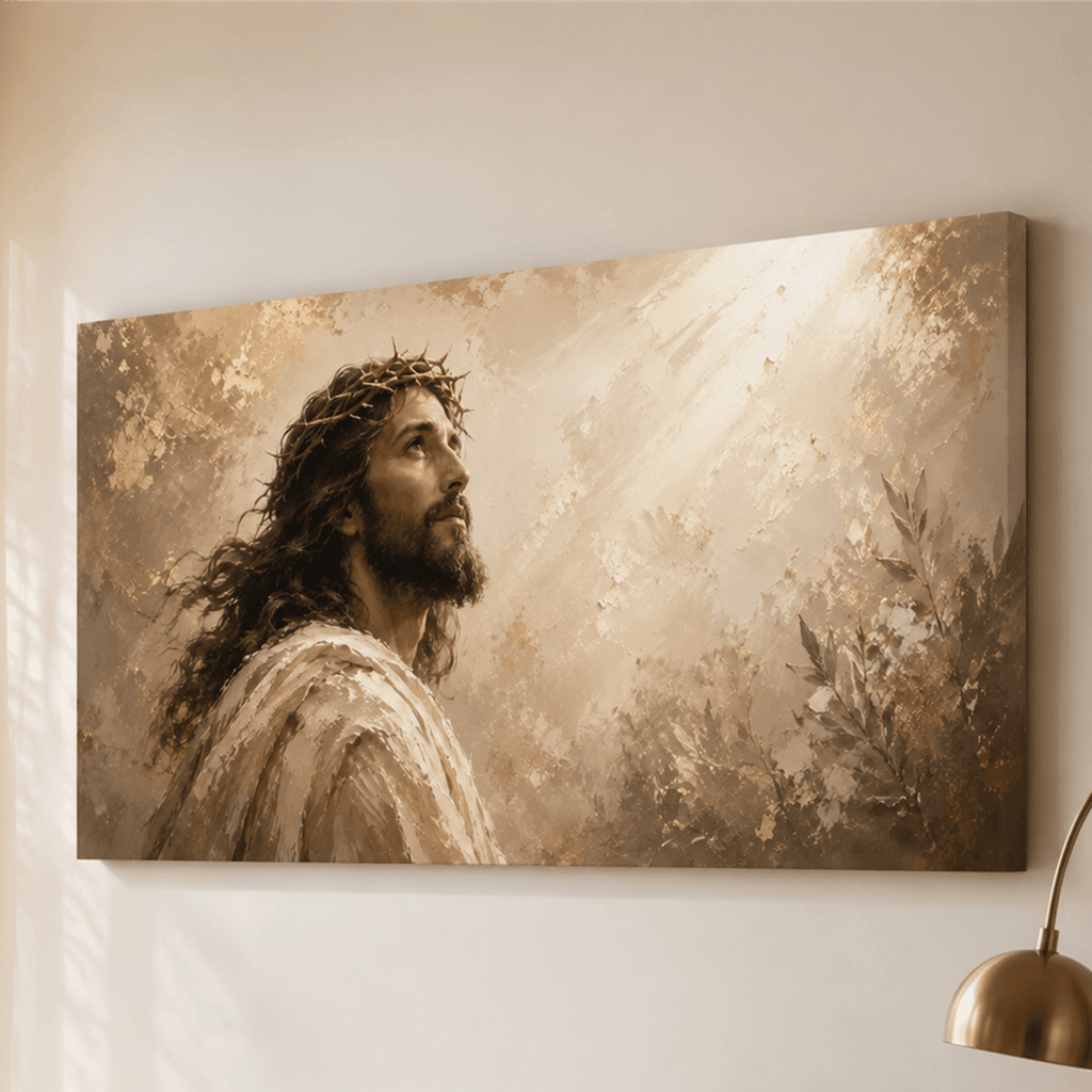 Jesus Christ Wall Art – Crown of Thorns Gold & Cream Textured Christian Canvas for Living Room