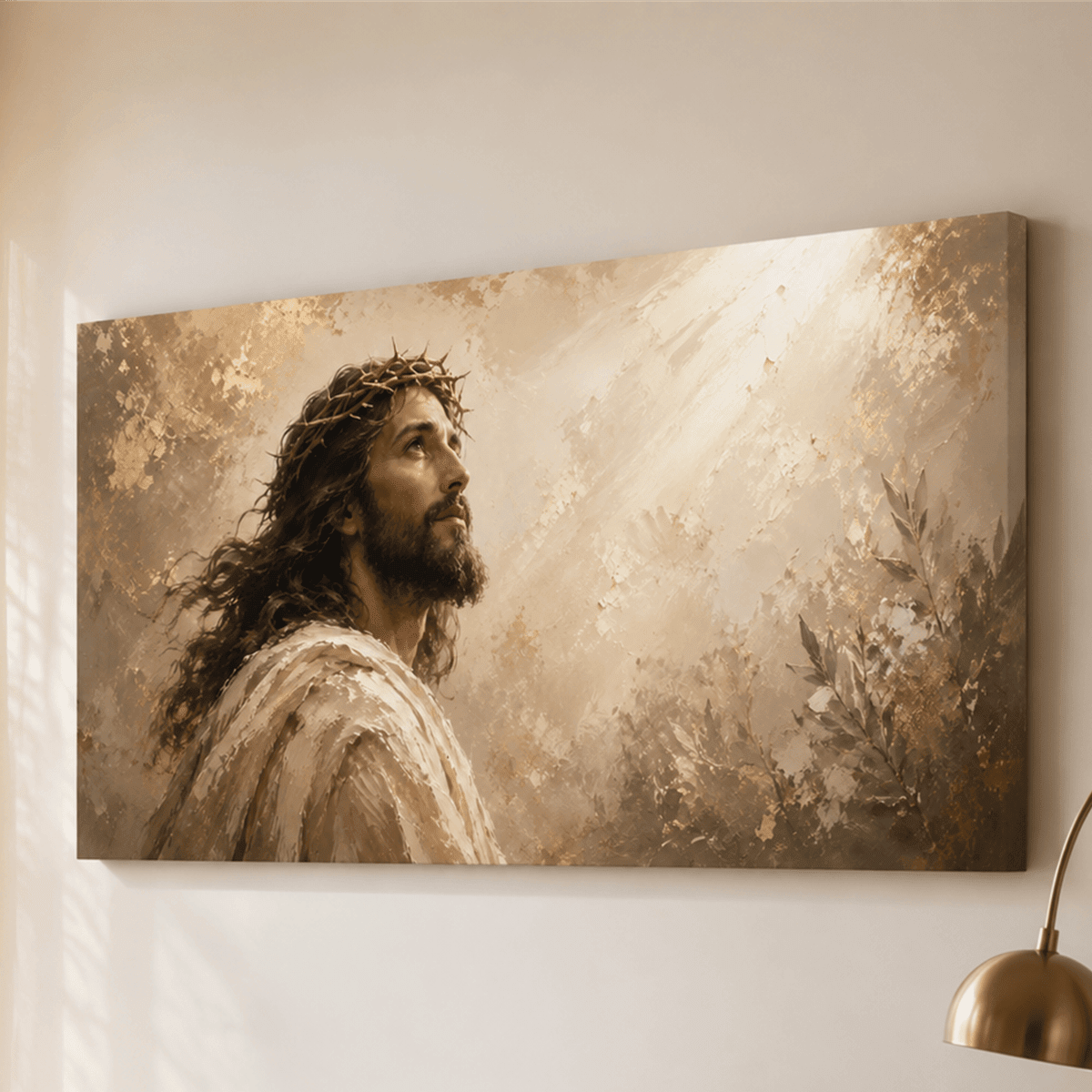 Jesus Christ Wall Art – Crown of Thorns Gold & Cream Textured Christian Canvas for Living Room