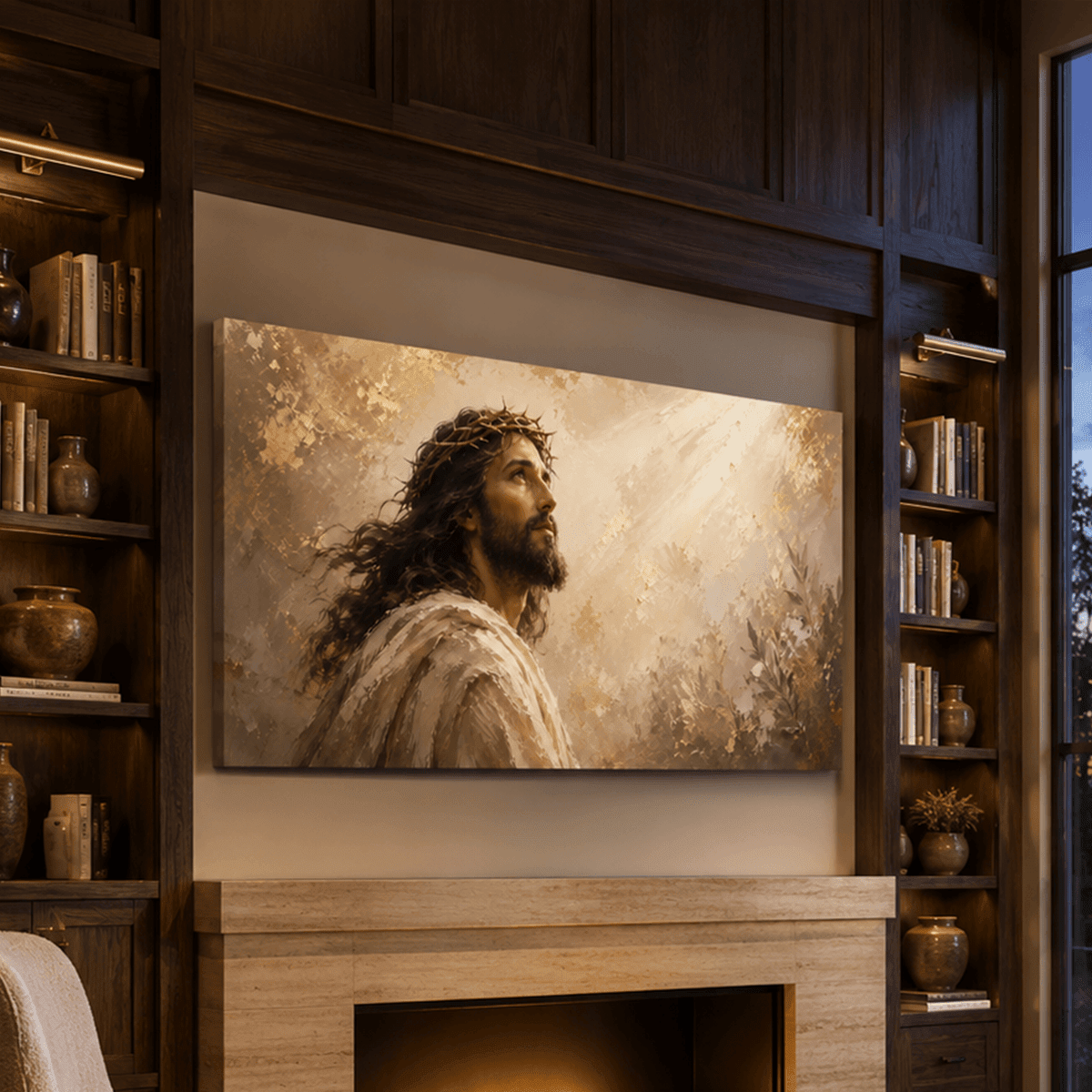 Jesus Christ Wall Art – Crown of Thorns Gold & Cream Textured Christian Canvas for Living Room