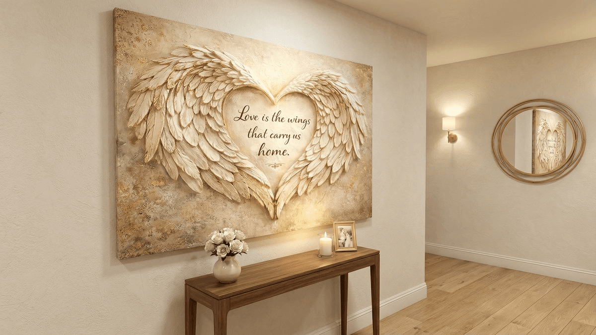 Love Is The Wings That Carry Us Home Wall Art - 3D Angel Wing Heart Canvas with Gold Leaf Texture