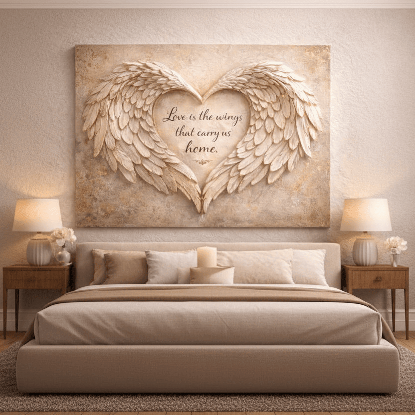 Love Is The Wings That Carry Us Home Wall Art - 3D Angel Wing Heart Canvas with Gold Leaf Texture