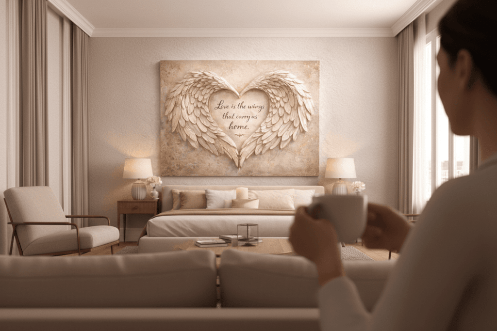 Love Is The Wings That Carry Us Home Wall Art - 3D Angel Wing Heart Canvas with Gold Leaf Texture