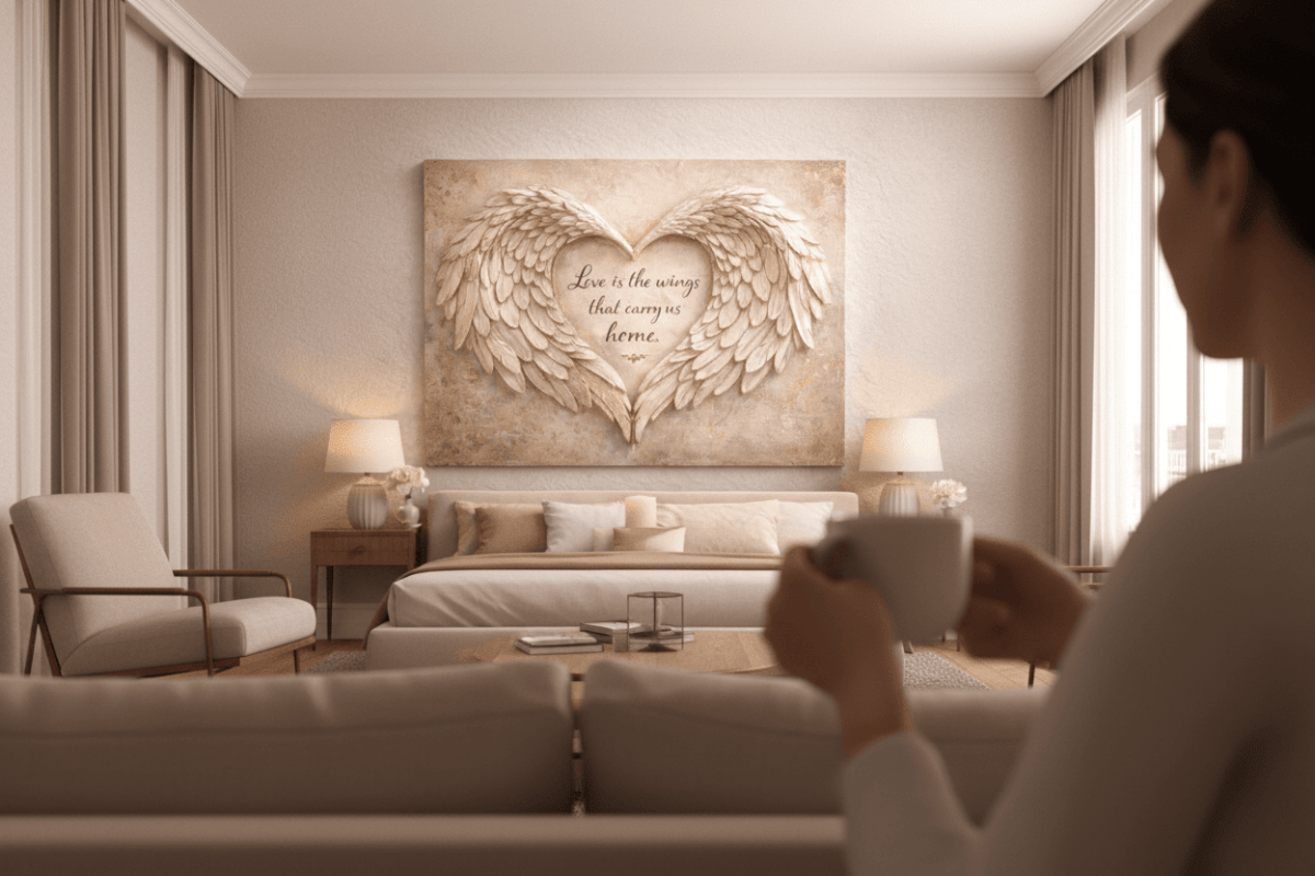 Love Is The Wings That Carry Us Home Wall Art - 3D Angel Wing Heart Canvas with Gold Leaf Texture