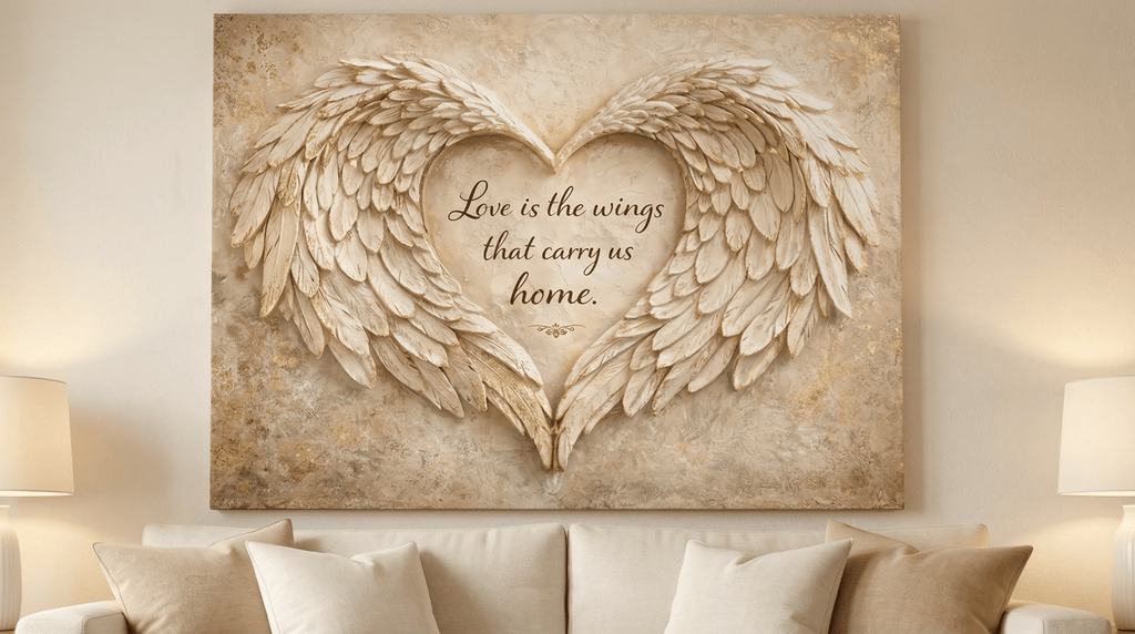 Love Is The Wings That Carry Us Home Wall Art - 3D Angel Wing Heart Canvas with Gold Leaf Texture