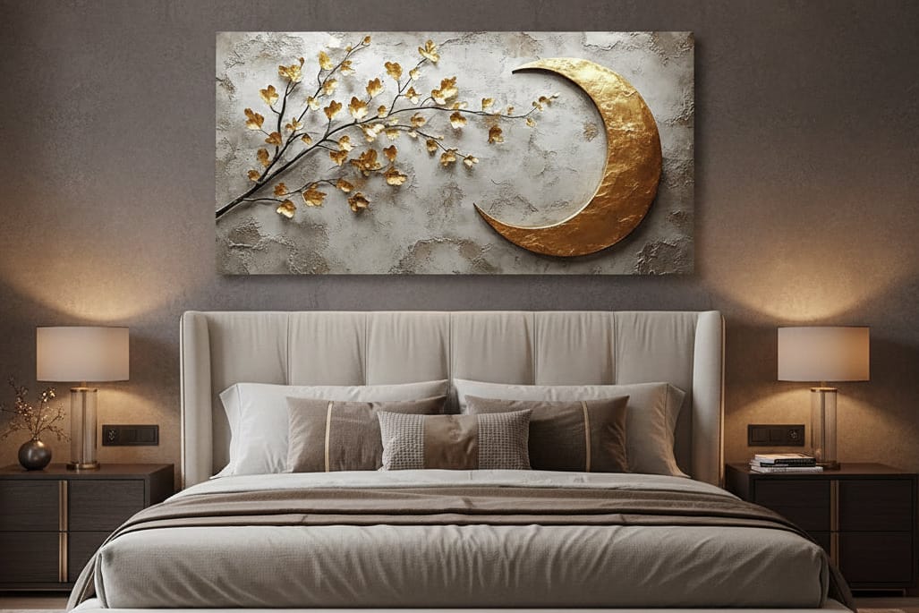 Lunar Serenity Wall Art – Golden Crescent and Blossoming Branch