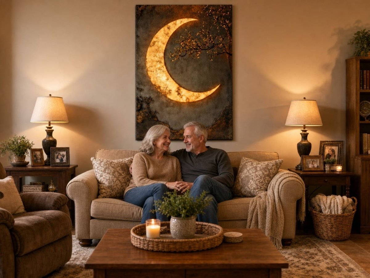 Luxury Crescent Moon Canvas Wall Decor – Illuminated Gold and Grey Artwork