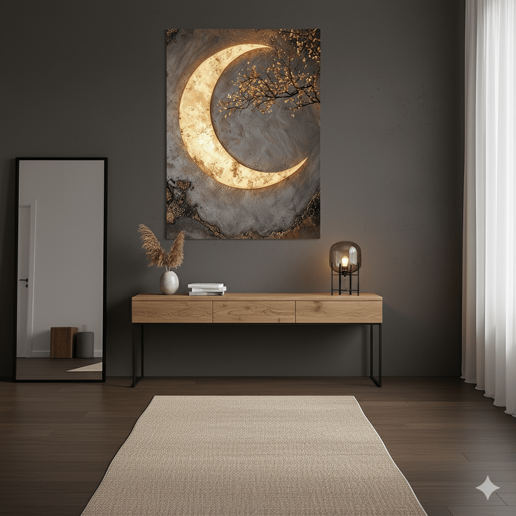 Luxury Crescent Moon Canvas Wall Decor – Illuminated Gold and Grey Artwork
