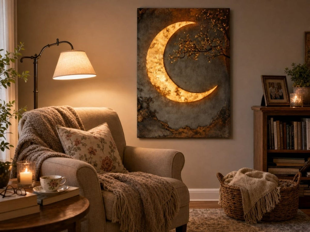 Luxury Crescent Moon Canvas Wall Decor – Illuminated Gold and Grey Artwork