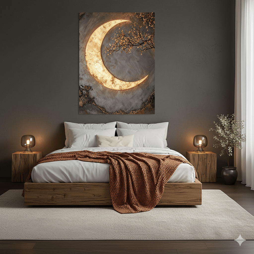 Luxury Crescent Moon Canvas Wall Decor – Illuminated Gold and Grey Artwork